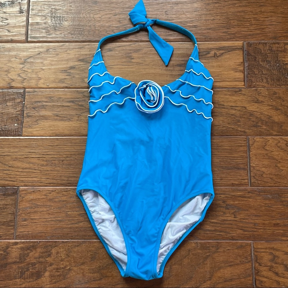 Gottex Blue & white one piece swimsuit with ruffles & flower size 12